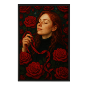 Red Roses & Reverie: Serene Woman with Ribbon Framed Art