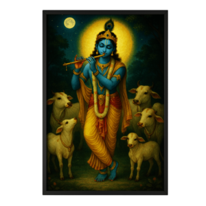 Lord Krishna's Divine Melody with Cows Framed Art